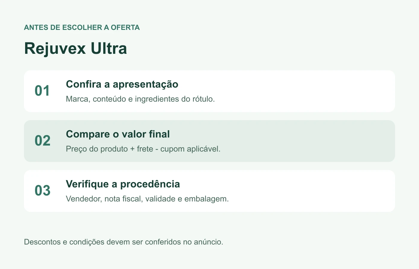 Como comparar a oferta de Rejuvex Ultra: apresentação, valor final e procedência.
