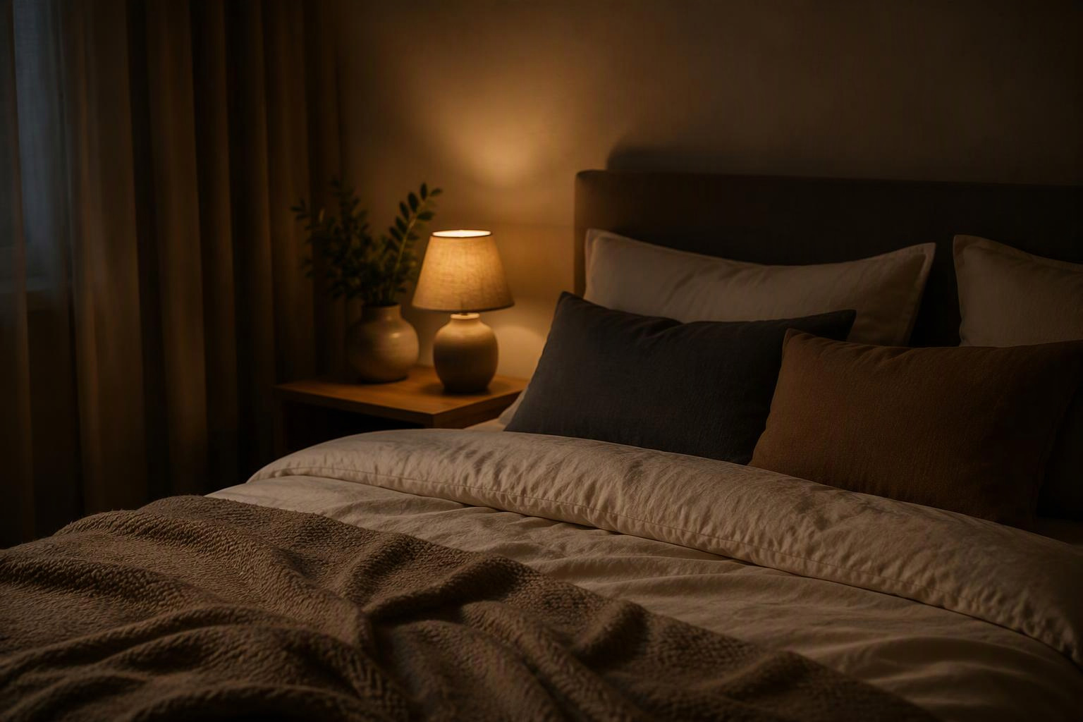 Cama com travesseiros em quarto iluminado suavemente por um abajur.