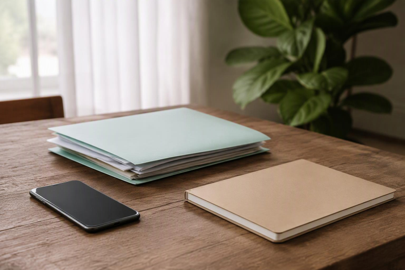 Celular, pasta de documentos e caderno sobre uma mesa.