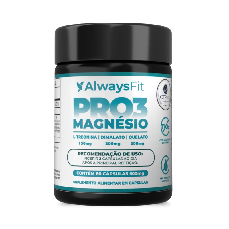 Frasco de Pro3 Magnésio Always Fit com 60 cápsulas, tampa preta e rótulo branco e verde.