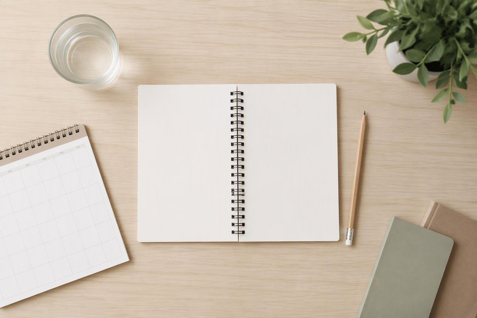 Caderno aberto, lápis e calendário sobre uma mesa clara.