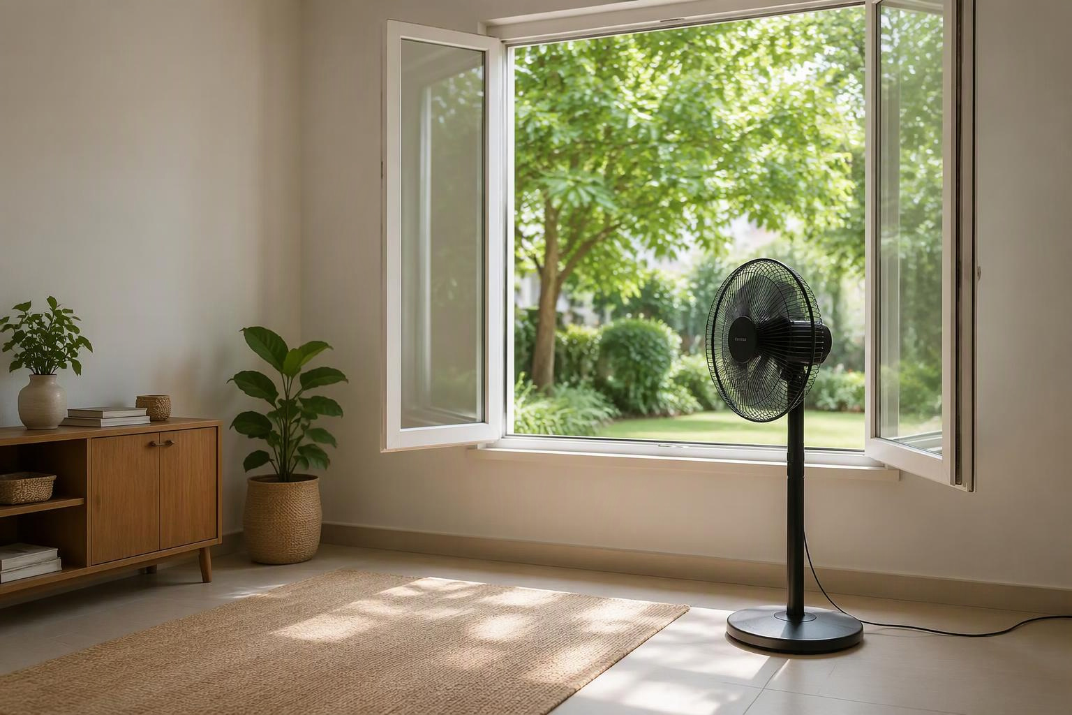 Ventilador de pedestal voltado para uma janela aberta em uma sala doméstica.