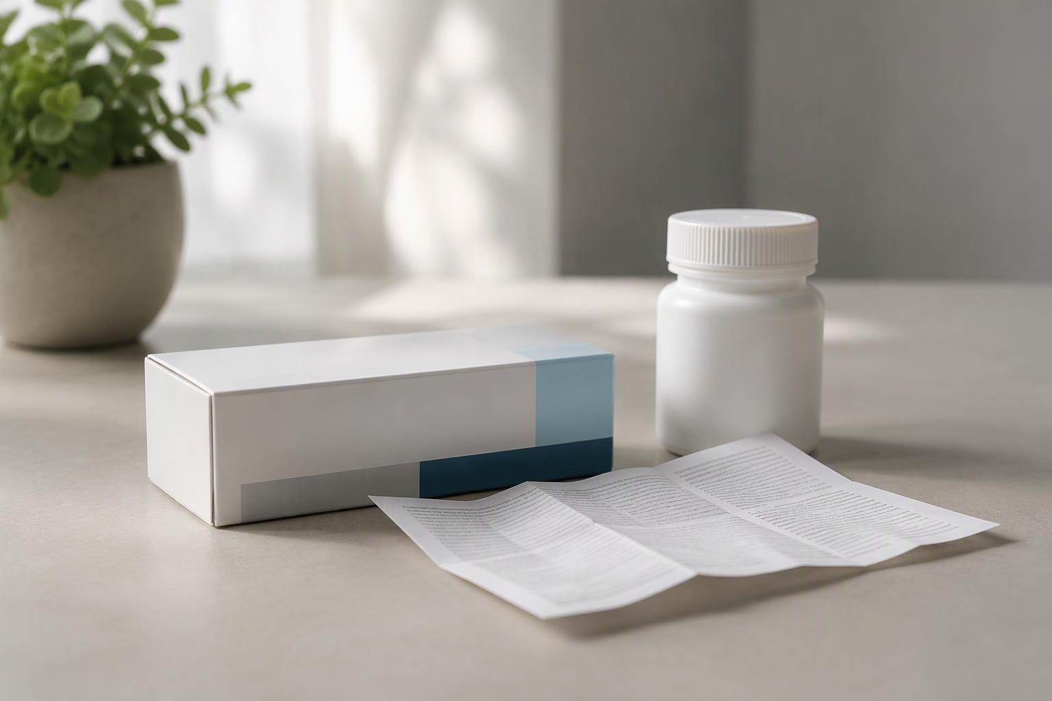 Embalagem genérica de medicamento fechada ao lado de um folheto de bula.