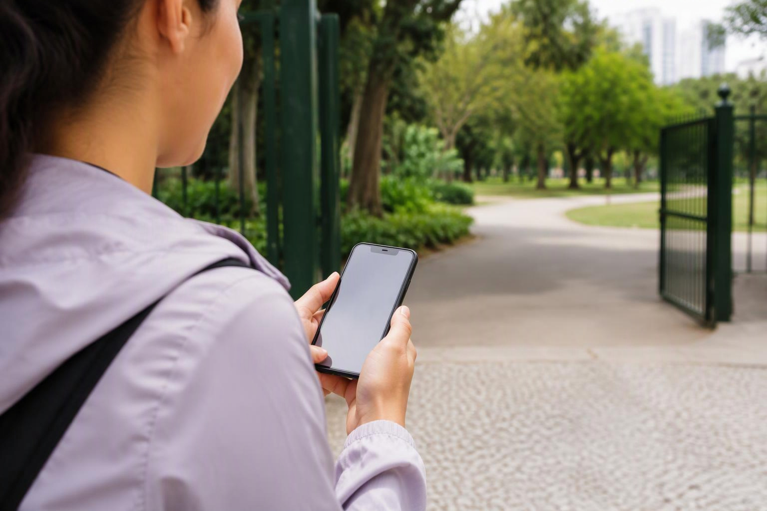 Pessoa consulta um celular junto à entrada de um parque.