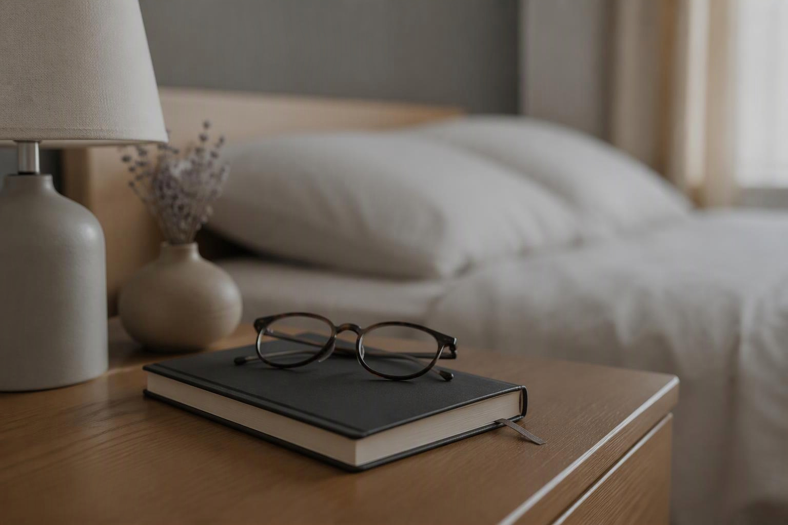 Caderno e óculos sobre uma mesa de cabeceira, com cama ao fundo.