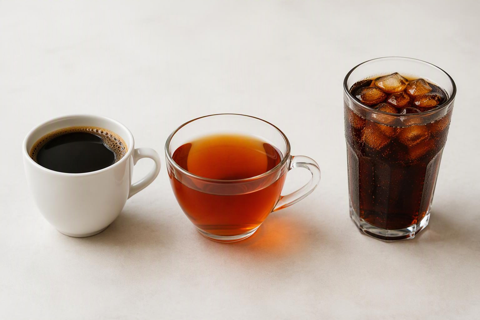 Xícaras de café e chá preto e um copo de refrigerante de cola sobre uma superfície clara.