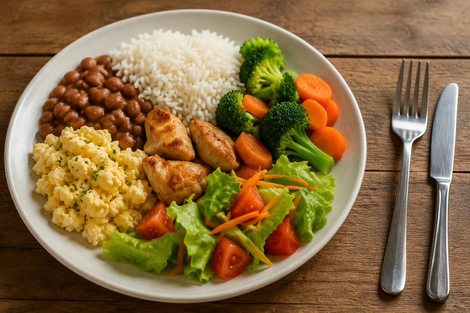 Detalhe de alimentos com cores e texturas variadas em um prato sobre a mesa.