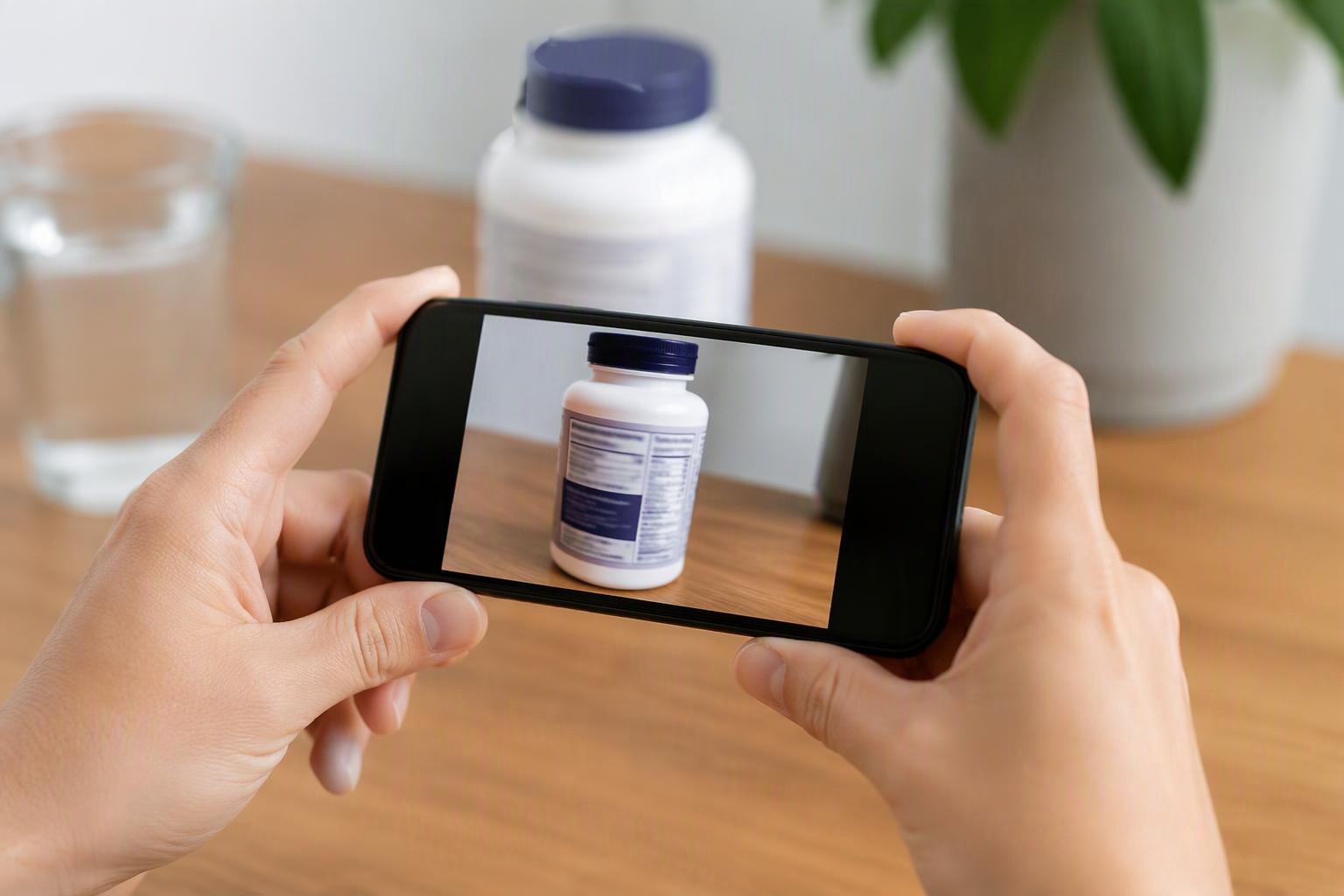 Mãos posicionam um celular para fotografar o verso de uma embalagem de suplemento.