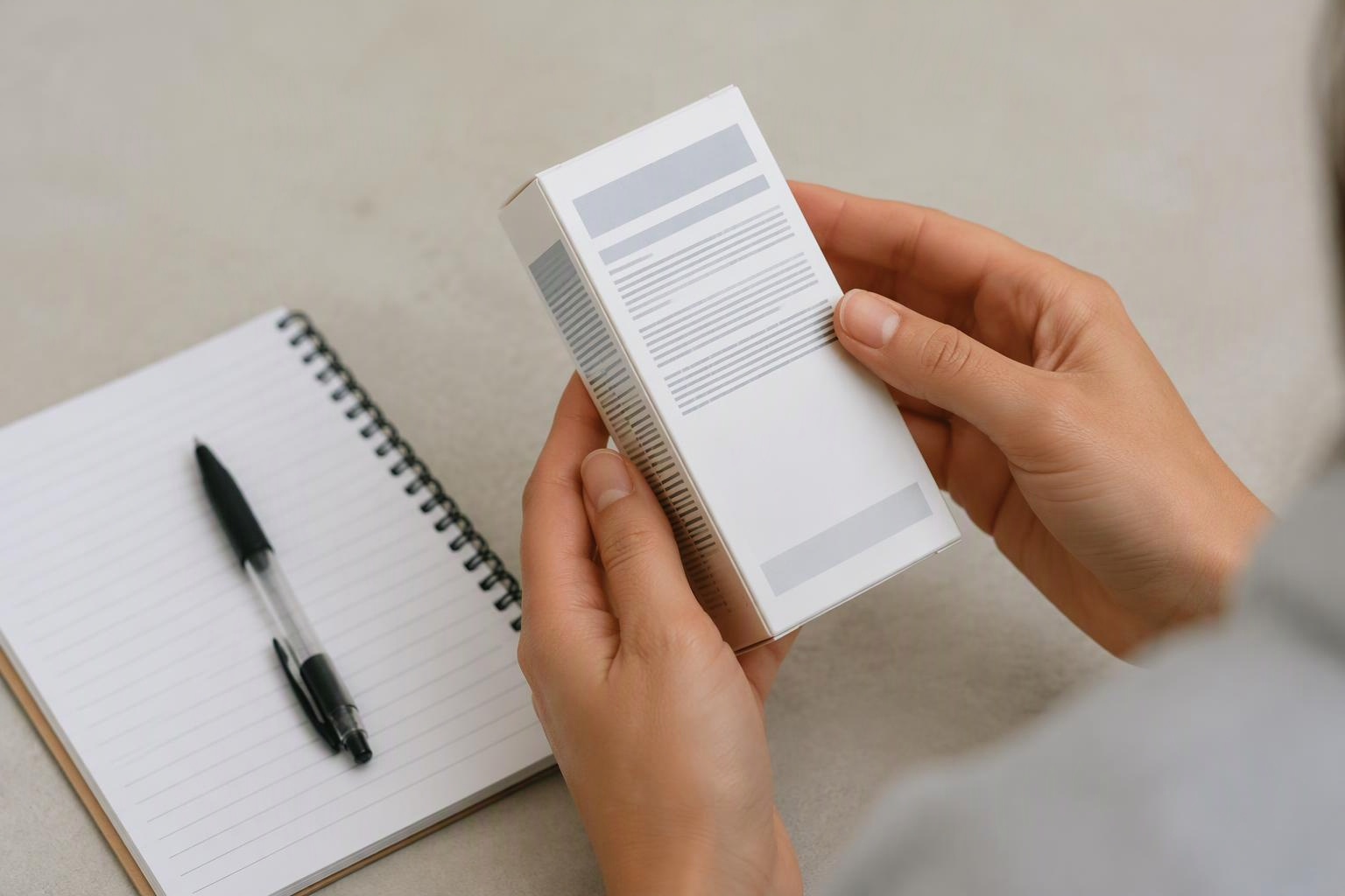 Pessoa observa o verso de uma embalagem genérica com caderno e caneta ao lado.