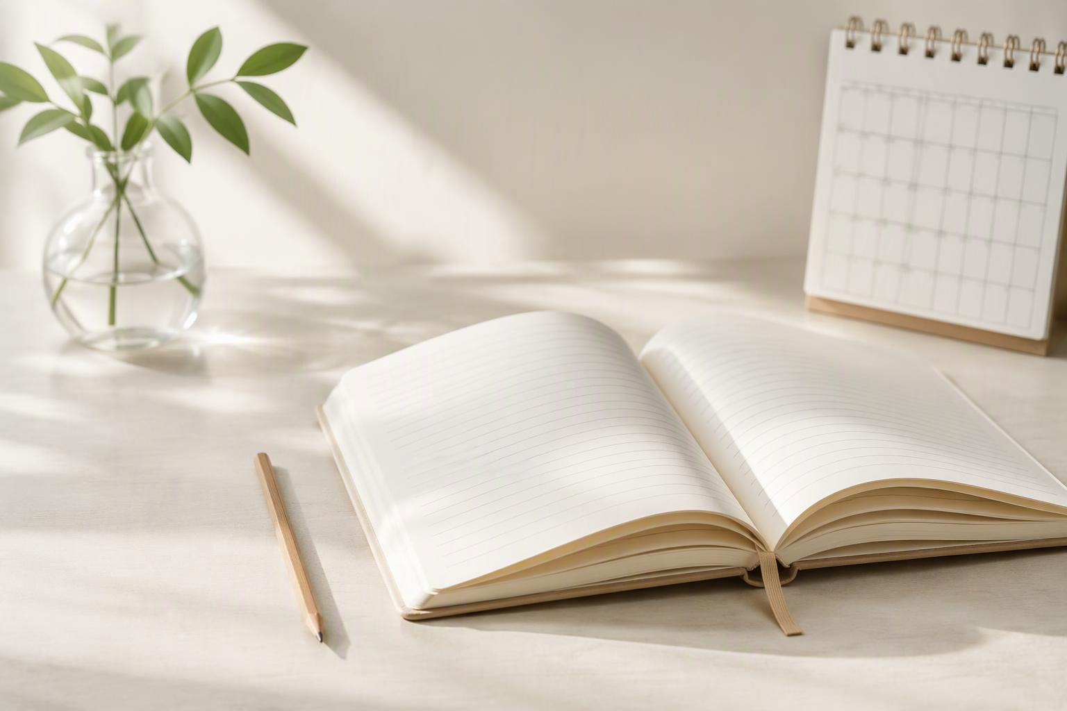 Caderno aberto, lápis e calendário sobre uma mesa clara.