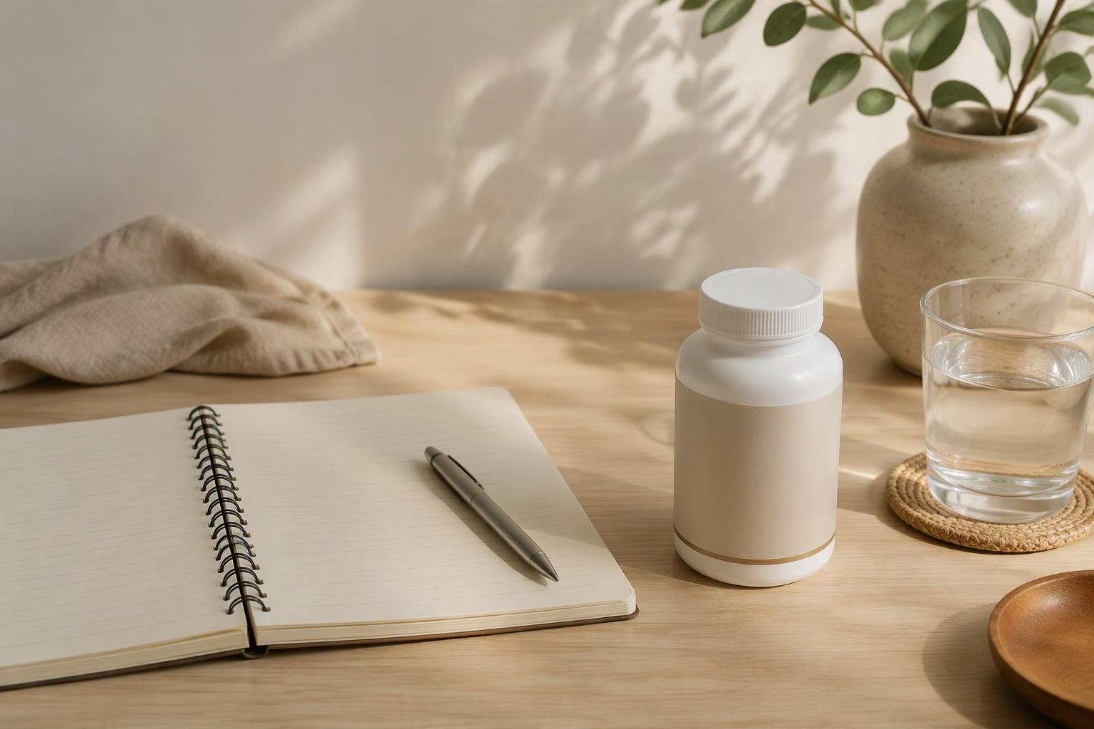 Caderno, caneta e embalagem neutra de suplemento sobre uma mesa.