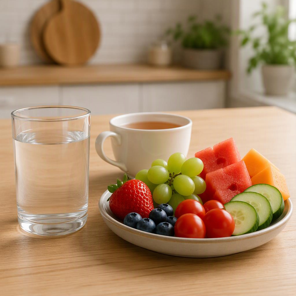 Copo de água, xícara de chá e travessa com frutas e vegetais sobre uma mesa.