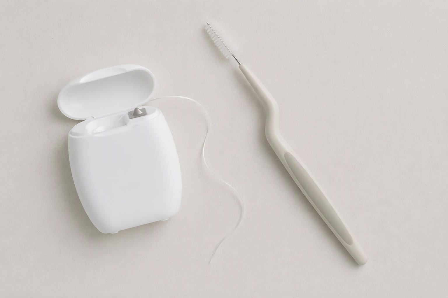 Recipiente de fio dental aberto e escova interdental sobre fundo claro.