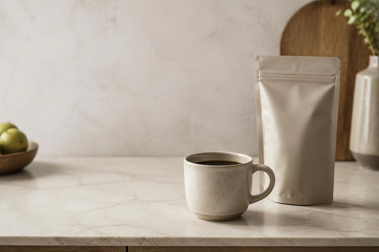 Xícara de café ao lado de uma embalagem genérica fechada, sem mistura dos conteúdos.