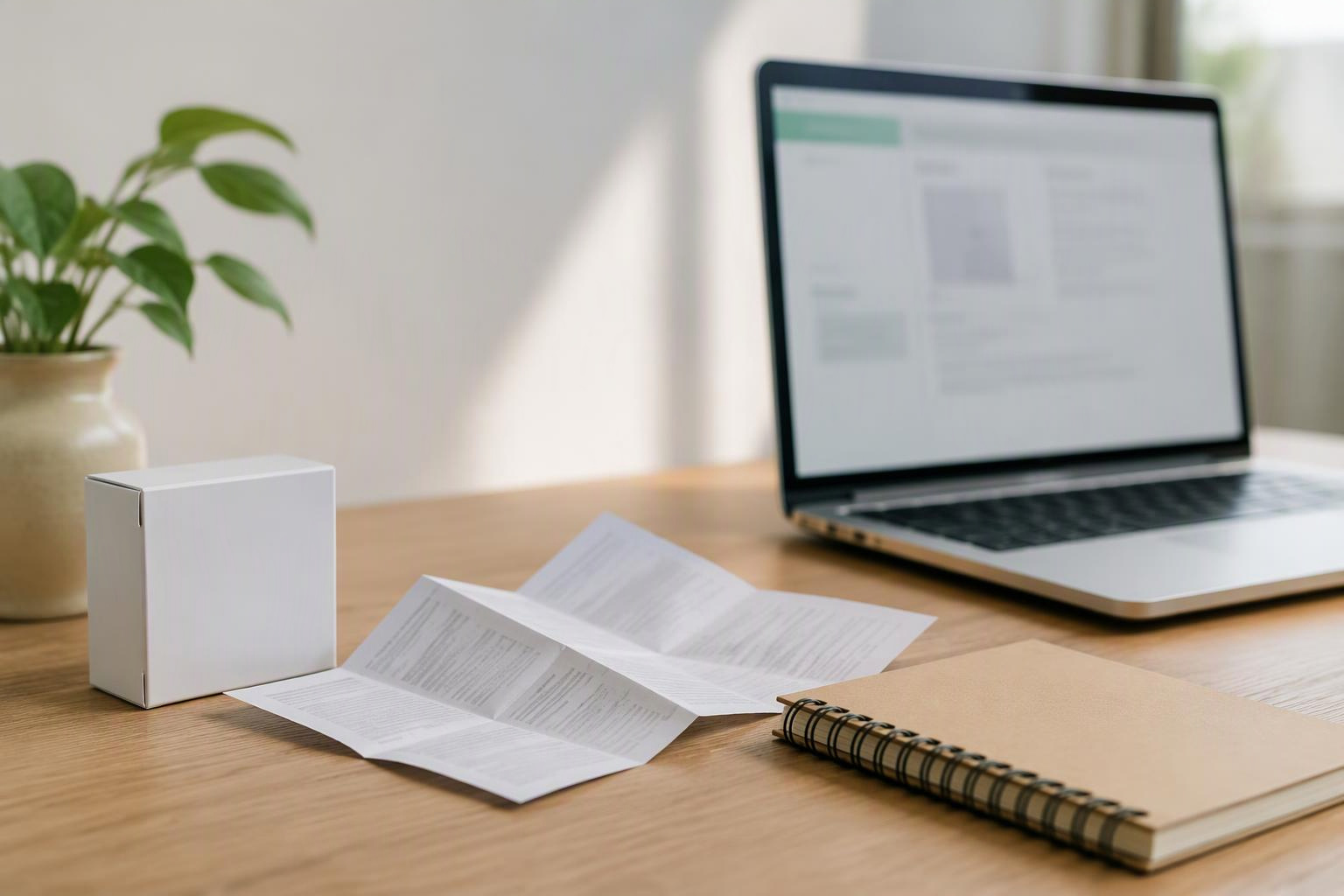 Notebook, embalagem neutra e documentos organizados para consulta.