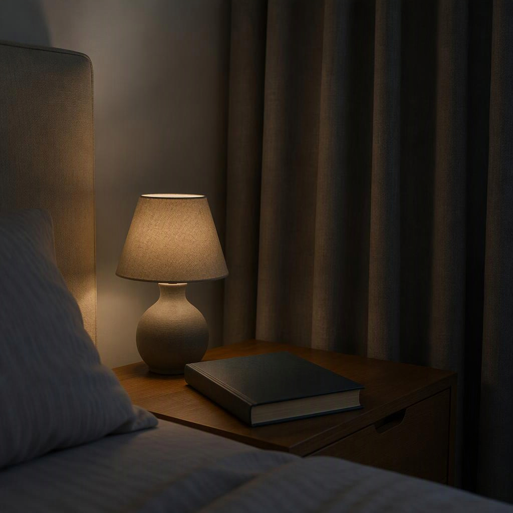 Livro fechado e abajur com iluminação discreta em uma mesa de cabeceira.