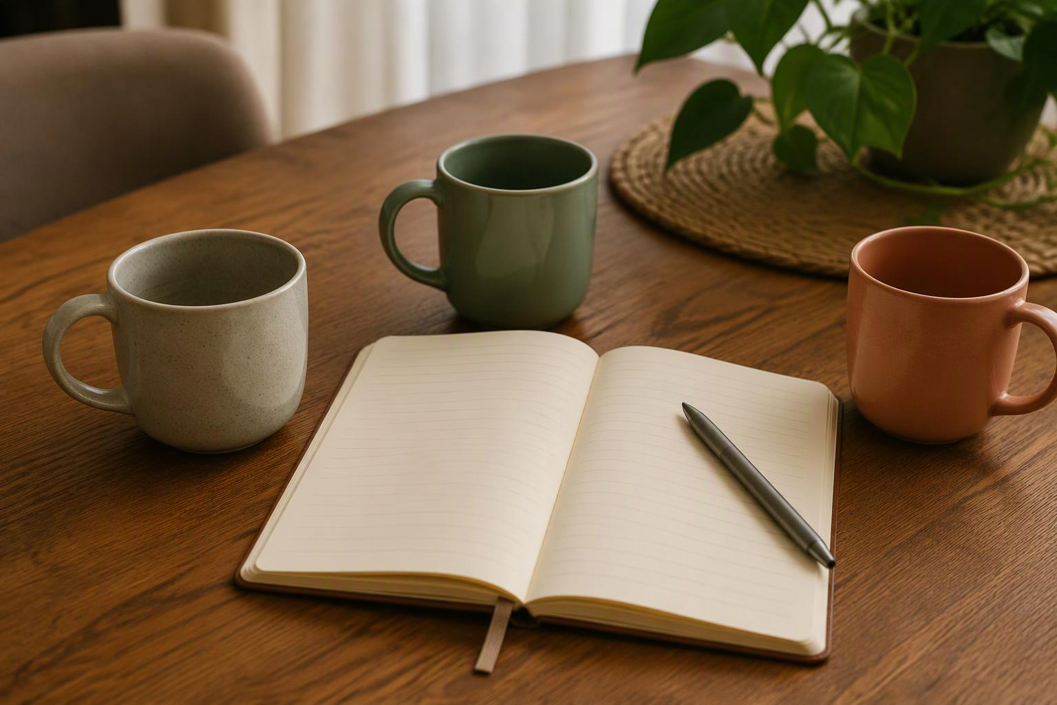 Caderno aberto, caneta e três xícaras sobre uma mesa.