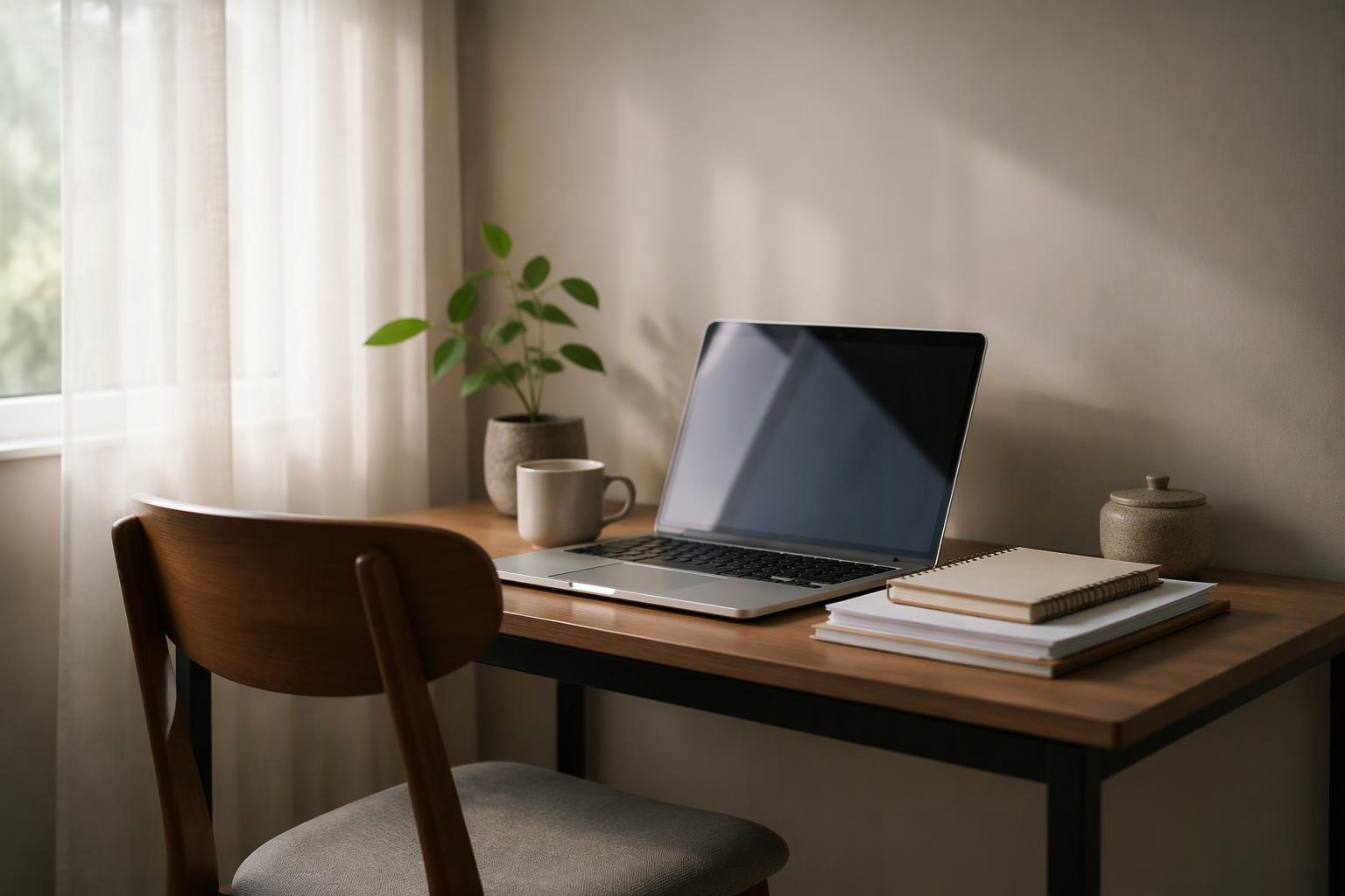 Mesa doméstica com notebook, cadeira com encosto e espaço livre sob o tampo.