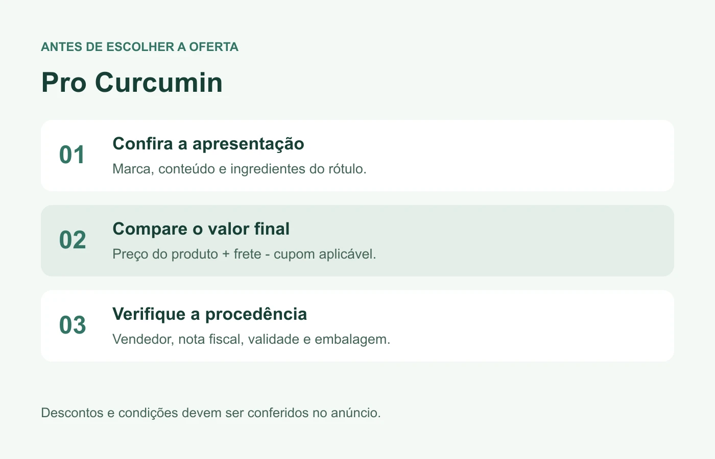 Como comparar a oferta de Pro Curcumin: apresentação, valor final e procedência.