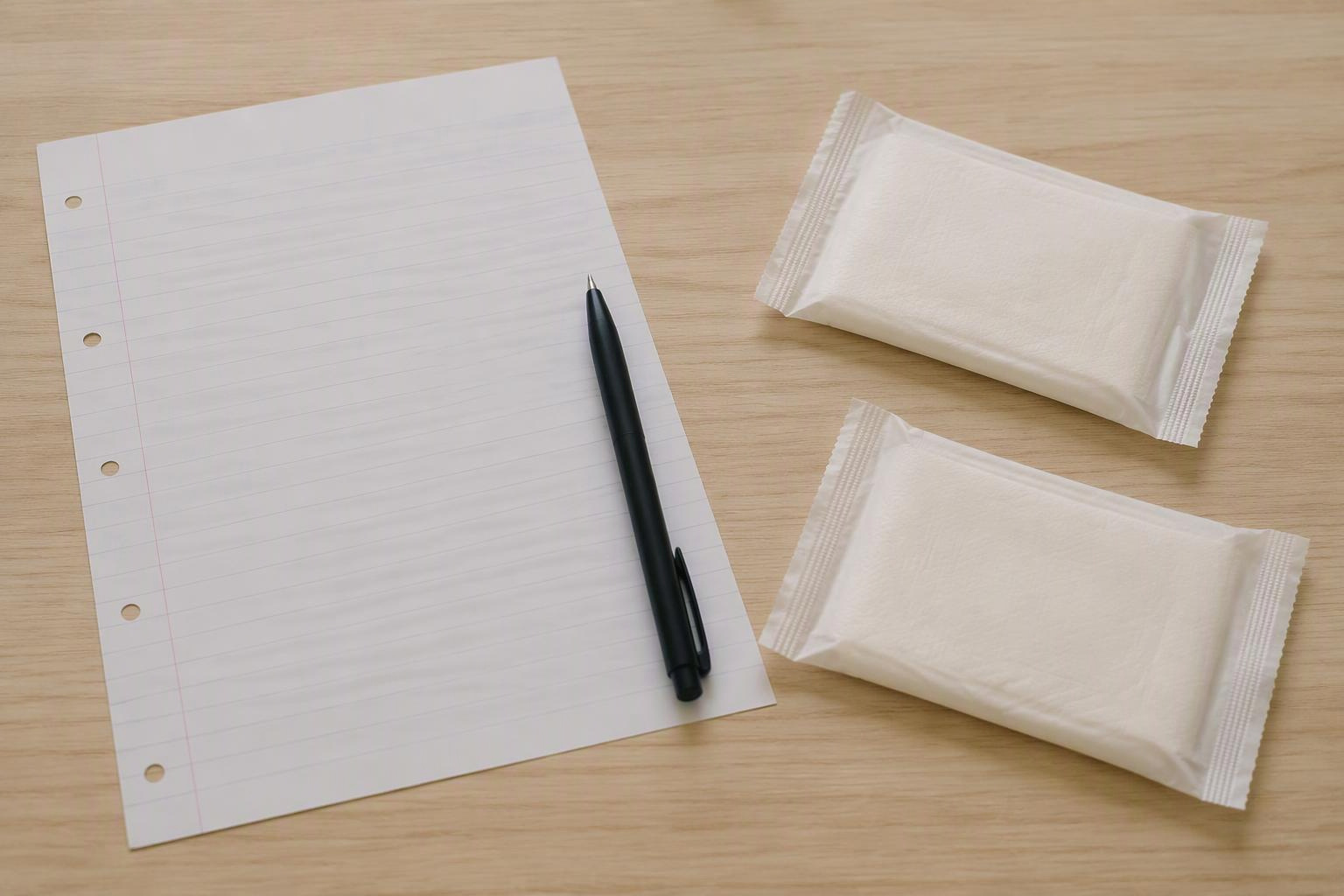 Folha pautada, caneta e absorventes em embalagens neutras sobre uma mesa.