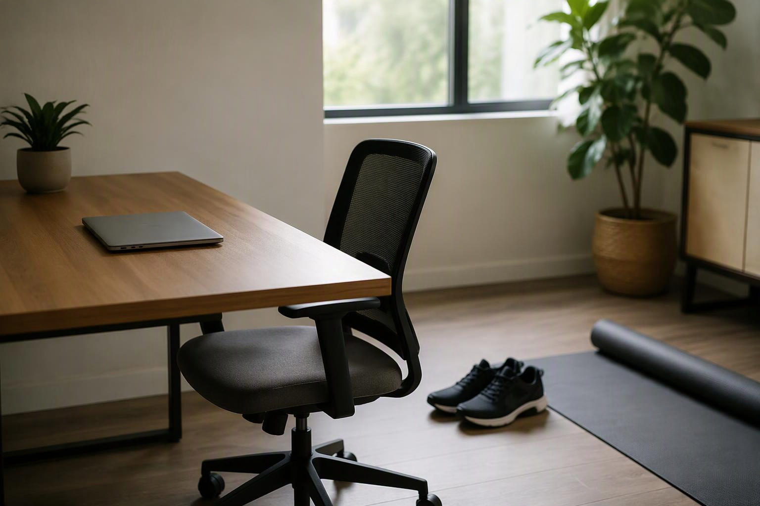 Cadeira e mesa de trabalho com computador fechado e tênis ao lado.