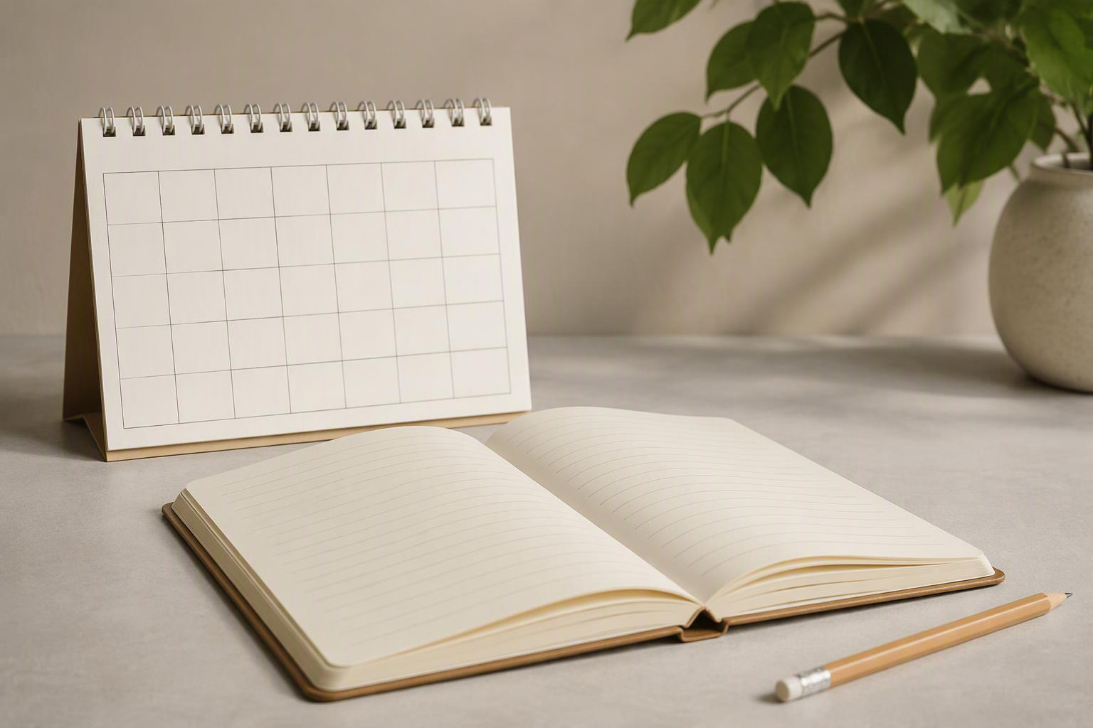 Caderno, lápis e calendário de mesa em composição conceitual.