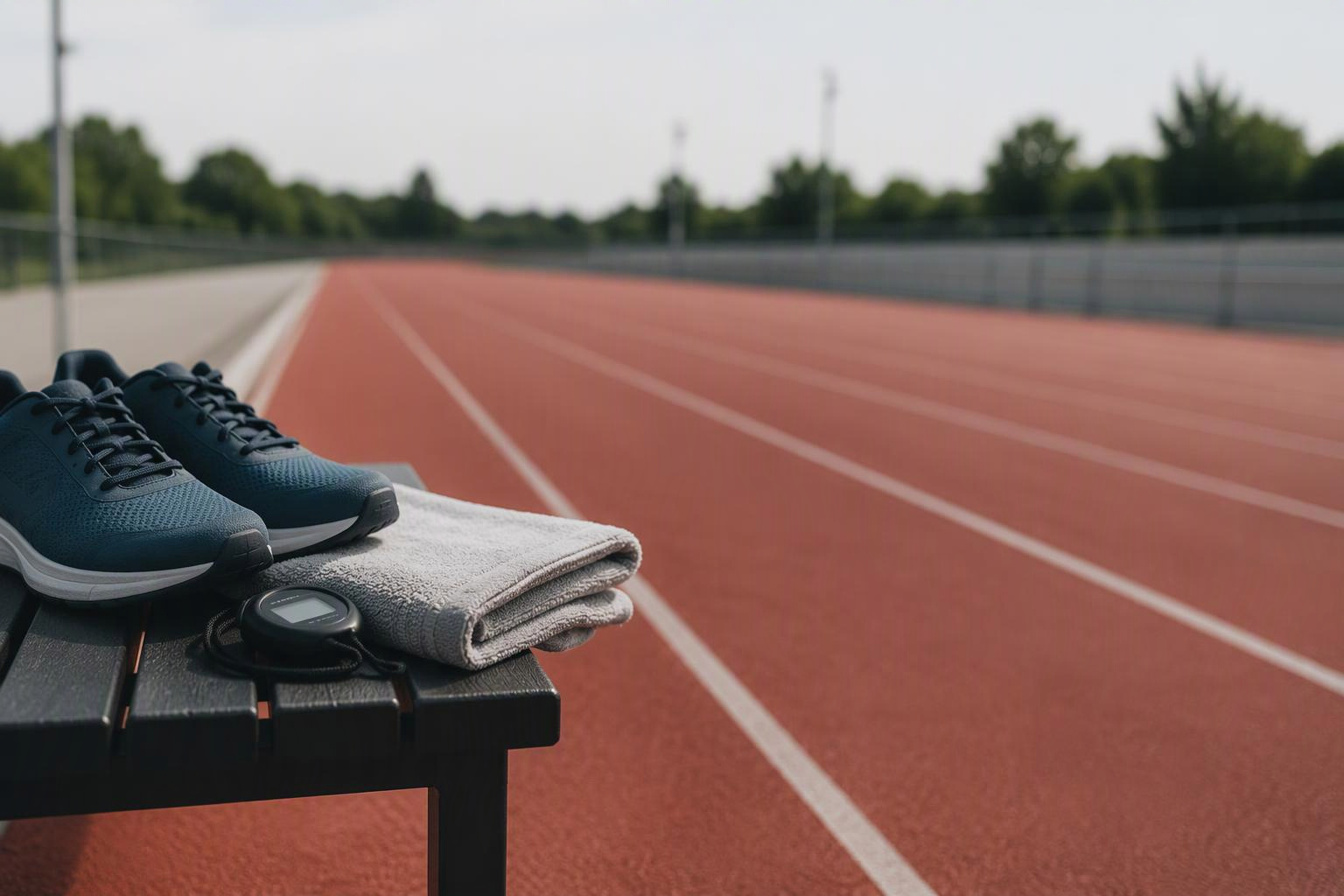 Tênis de corrida, toalha e cronômetro sobre um banco ao lado de uma pista.