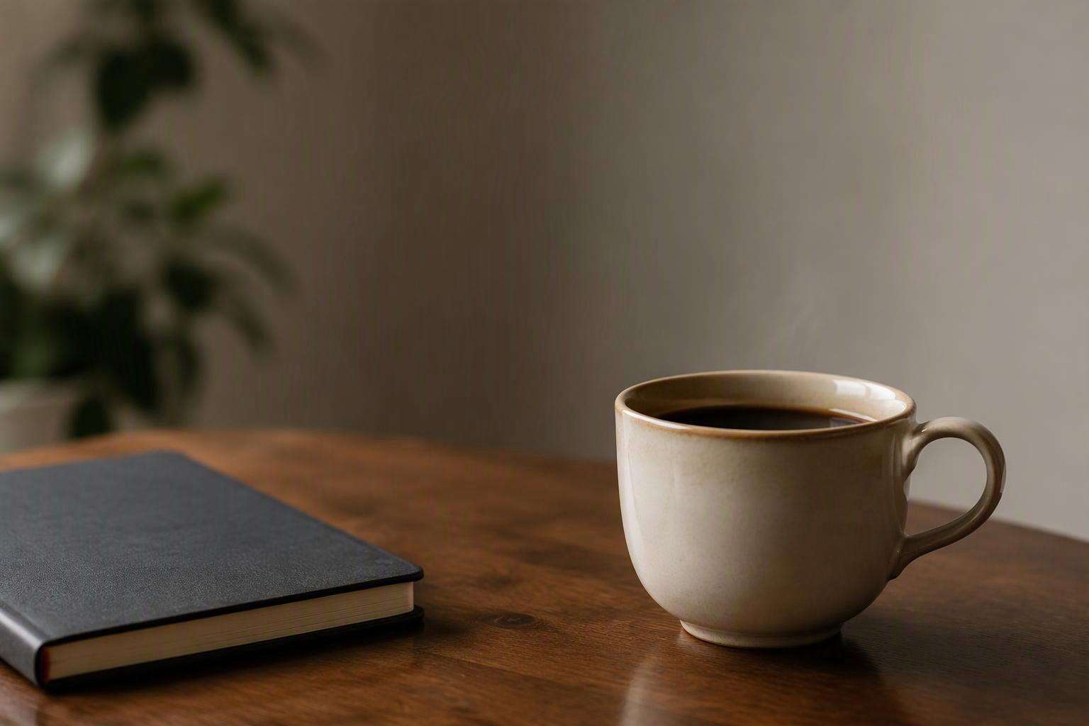 Xícara de café ao lado de um caderno fechado sobre uma mesa.