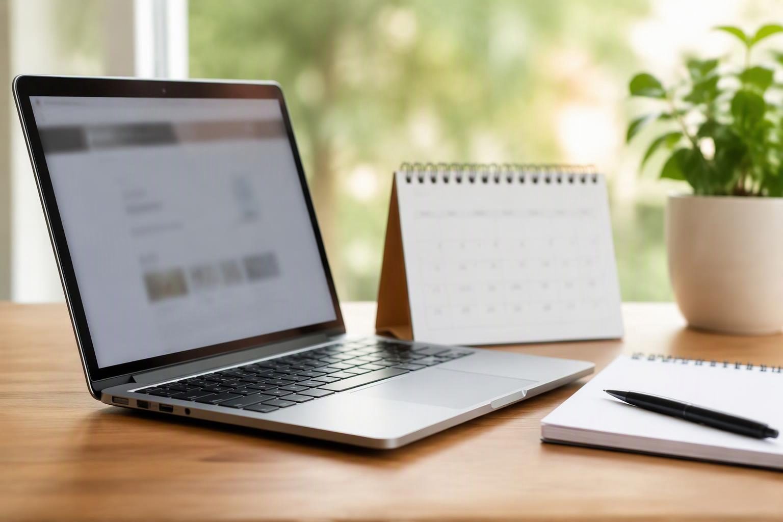 Notebook, calendário e bloco de anotações organizados sobre uma mesa.