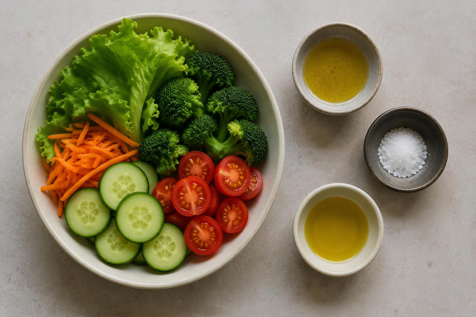 Vegetais em uma tigela com molho, sal e óleo apresentados em recipientes separados.