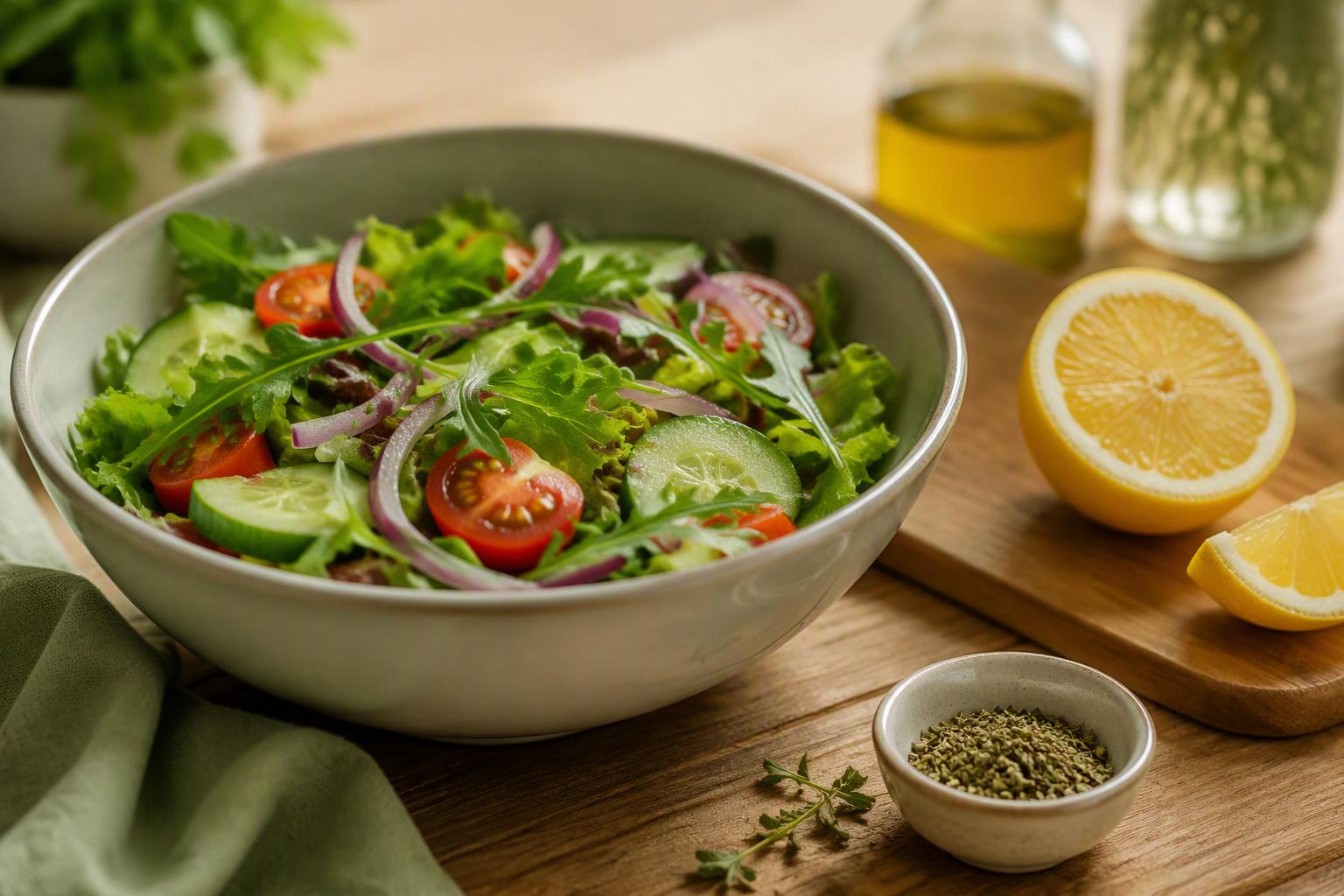 Tigela de salada com limão cortado e um recipiente de ervas secas ao lado.