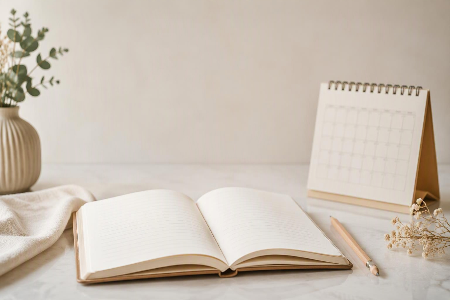 Caderno aberto, lápis e calendário sobre uma mesa iluminada por luz natural.