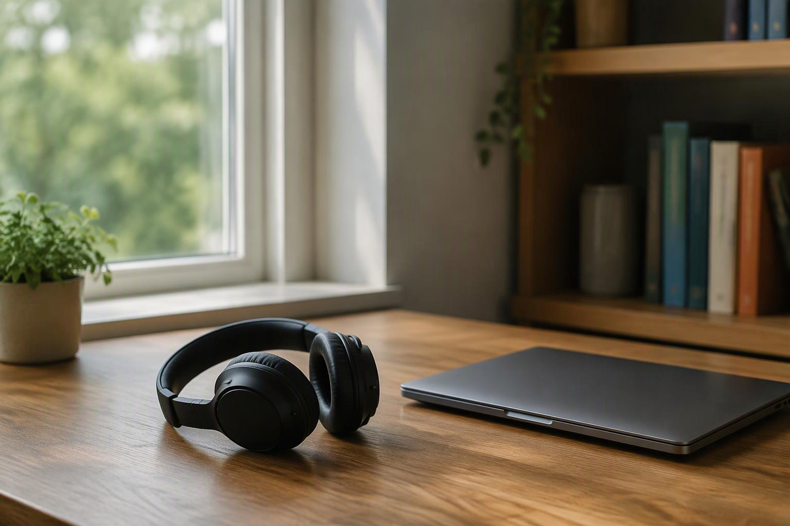 Fones sobre uma mesa ao lado de um notebook fechado, perto de uma janela.