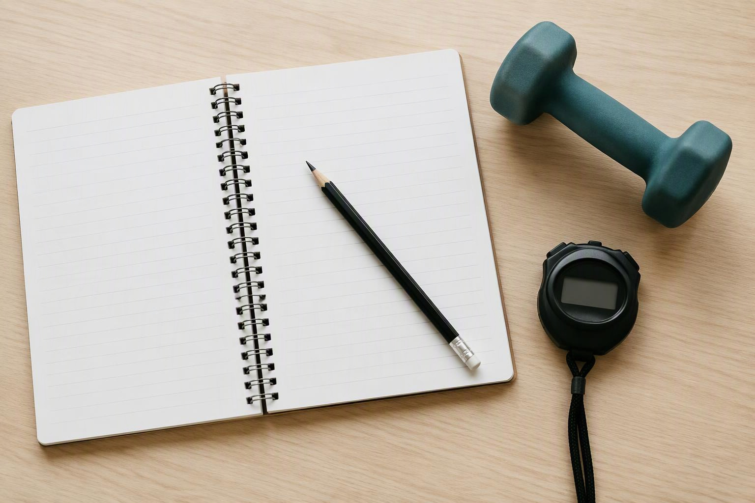 Caderno, lápis, halter e cronômetro organizados sobre uma mesa clara.