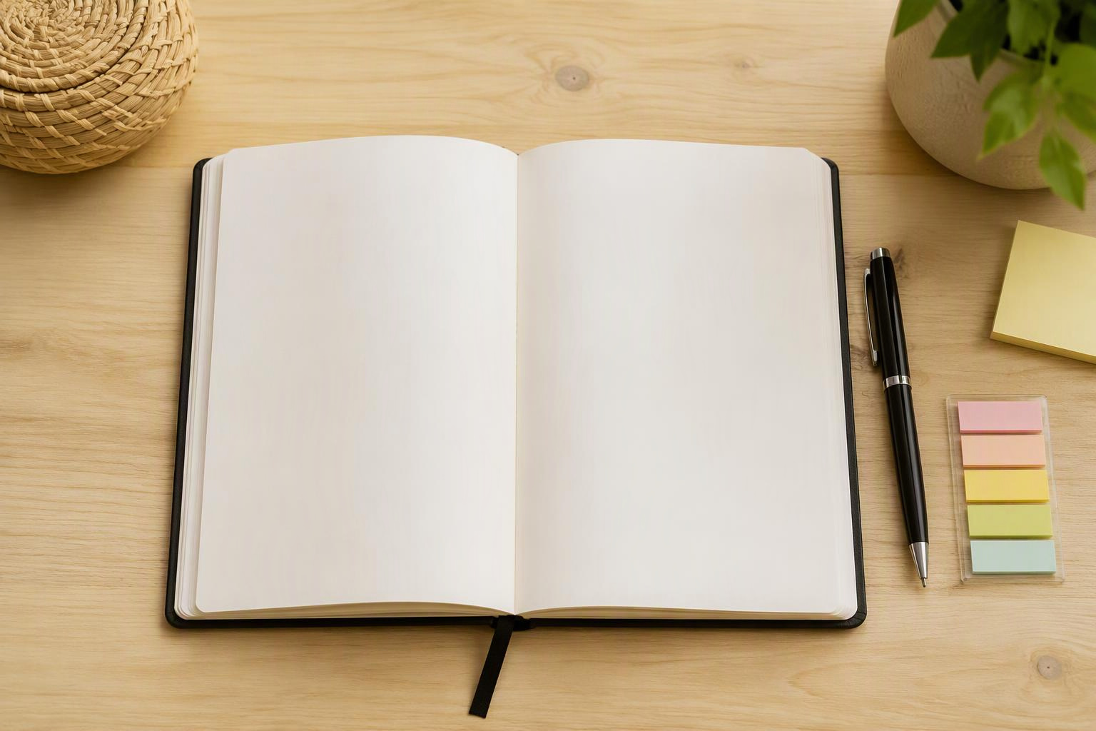 Caderno aberto com caneta e marcadores de papel para organizar perguntas.