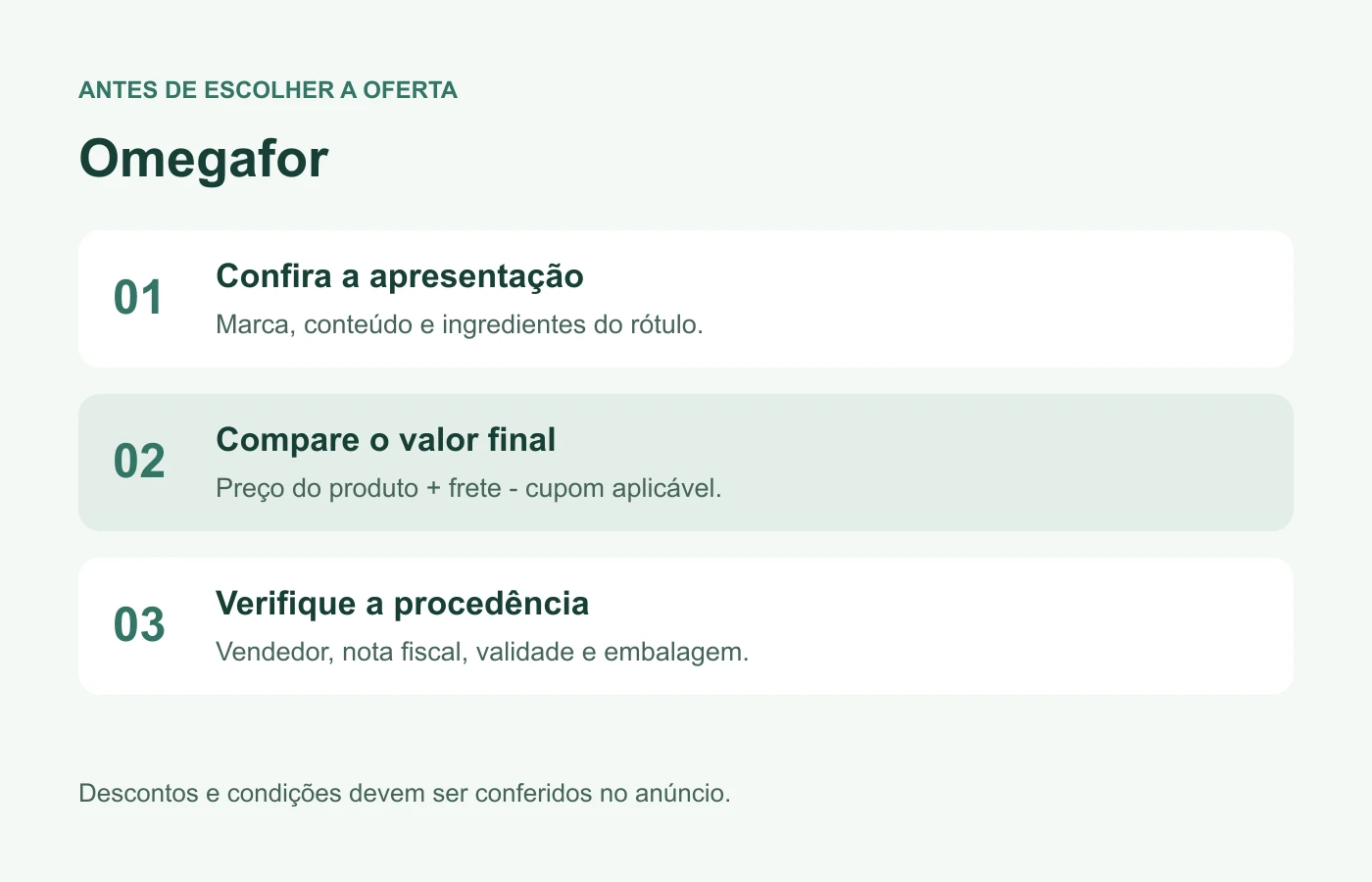 Como comparar a oferta de Omegafor: apresentação, valor final e procedência.