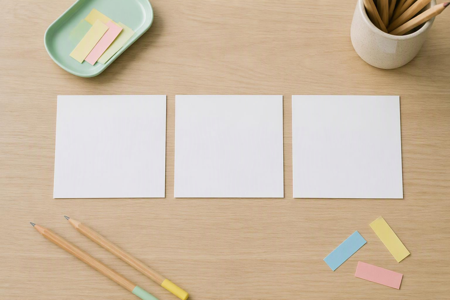 Três cartões em branco separados sobre uma mesa, ao lado de um lápis.