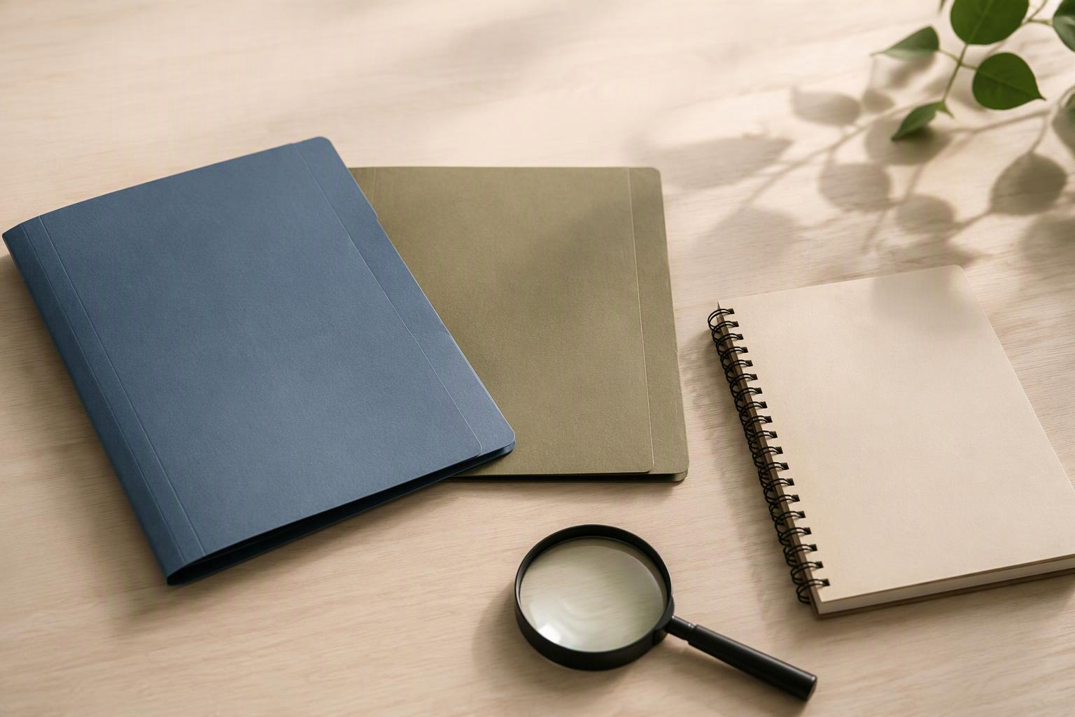Duas pastas fechadas, uma lupa e um caderno sobre uma mesa clara.