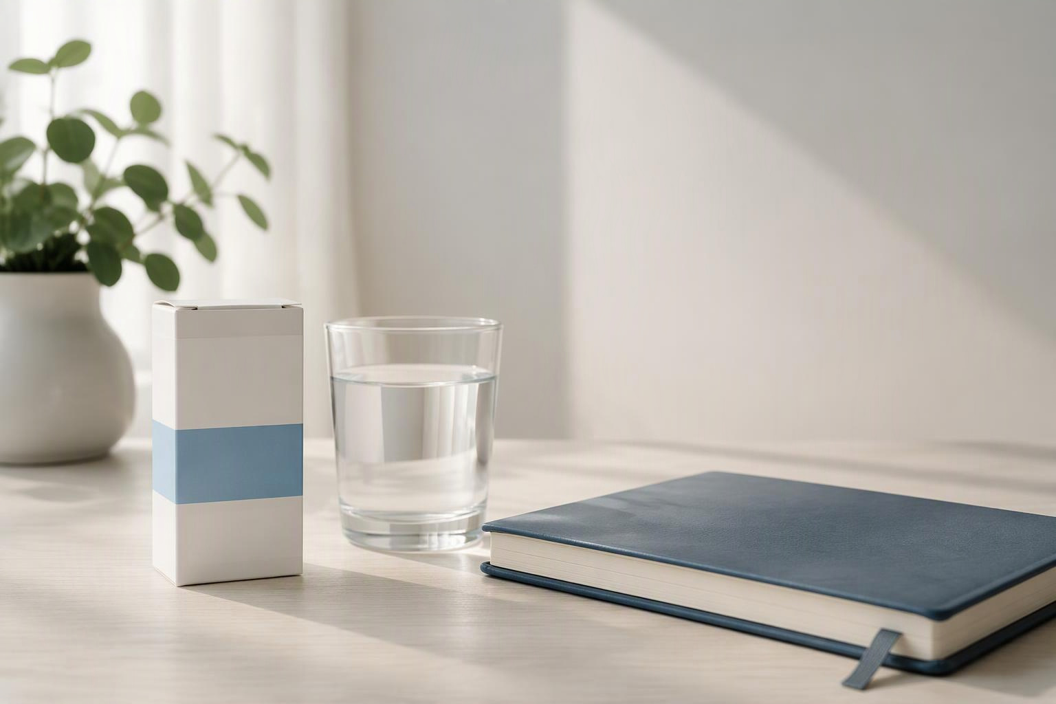 Embalagem genérica fechada, copo de água e caderno sobre uma mesa clara.