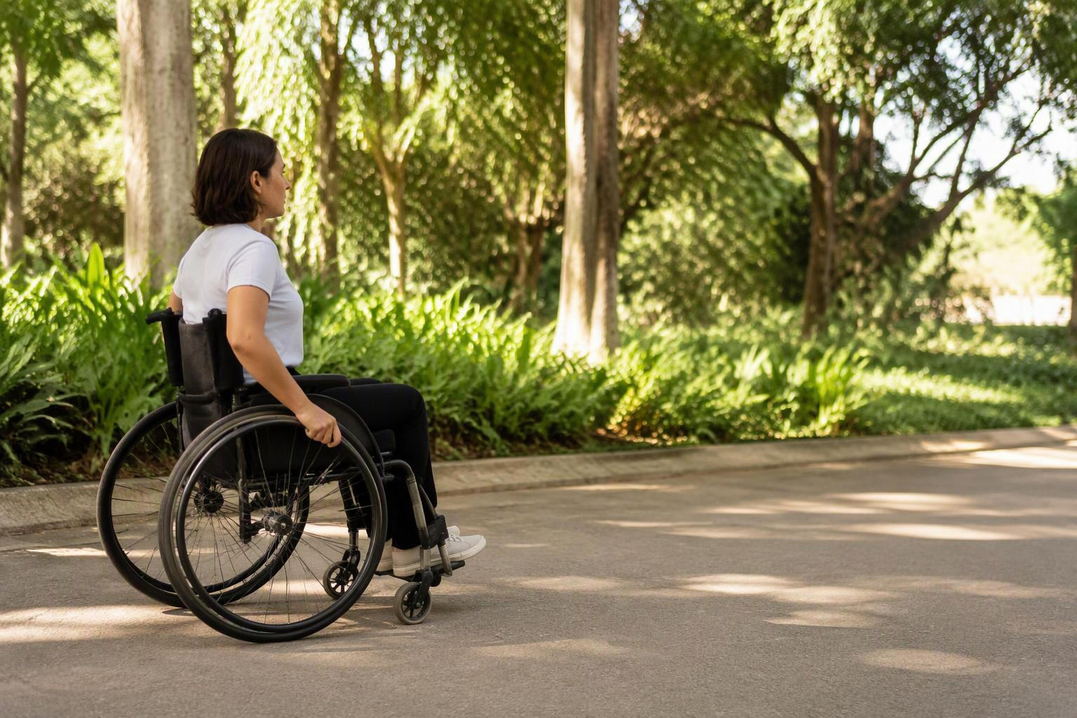 Pessoa em cadeira de rodas manual com as mãos nos aros em um caminho de parque.