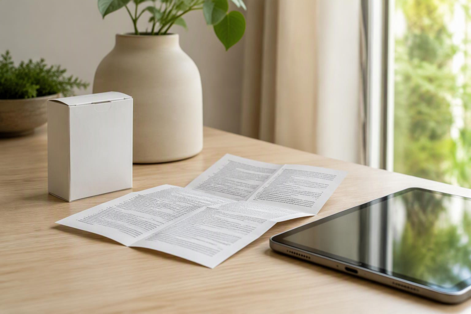 Caixa neutra de medicamento, folheto e tablet sobre uma mesa.