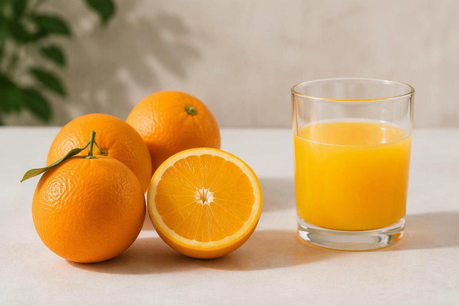 Laranjas inteiras e cortada ao lado de um copo de suco sobre uma mesa.