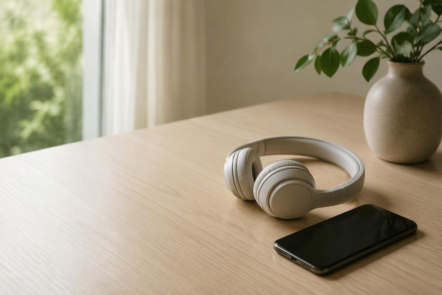 Fones de ouvido ao lado de um celular com tela apagada sobre uma mesa.