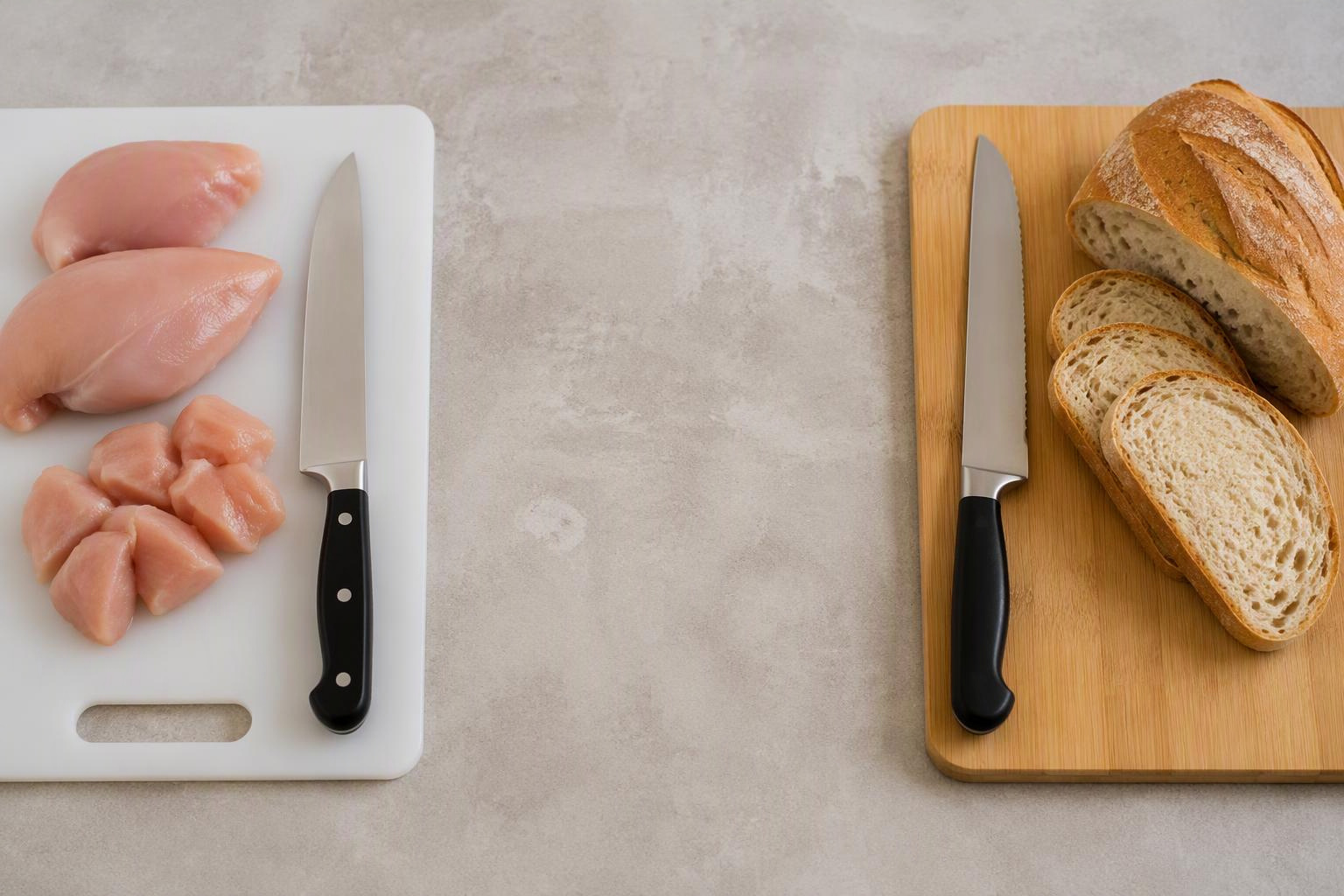 Tábuas e utensílios separados para frango cru e pão, em áreas distintas da bancada.