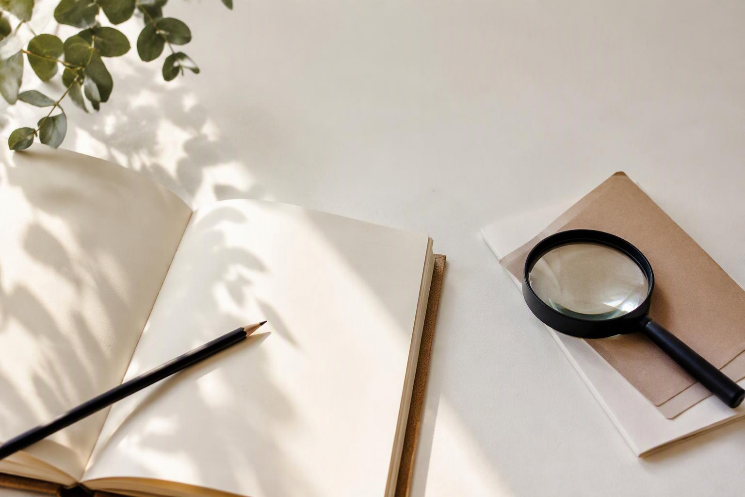 Caderno, lápis e lupa sobre uma mesa, em composição conceitual sobre leitura crítica.