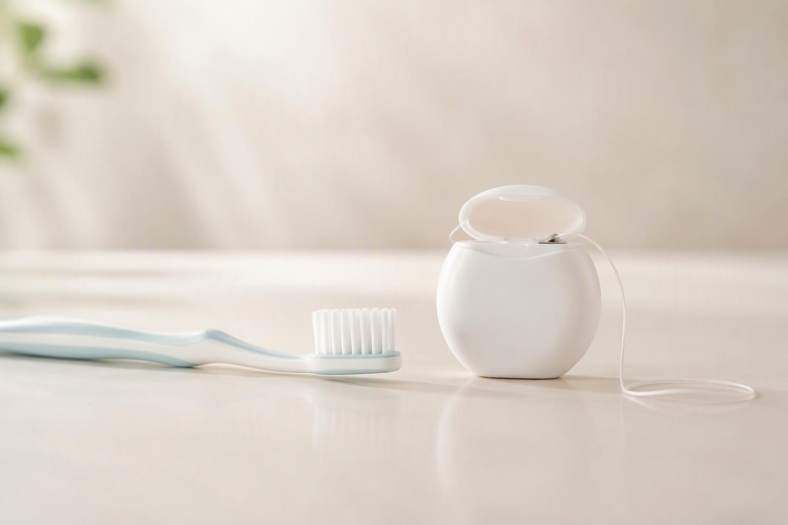 Escova dental e recipiente de fio dental lado a lado sobre uma bancada clara.