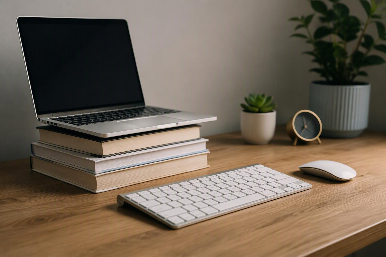 Notebook elevado sobre livros, com teclado externo na mesa e mouse ao lado.