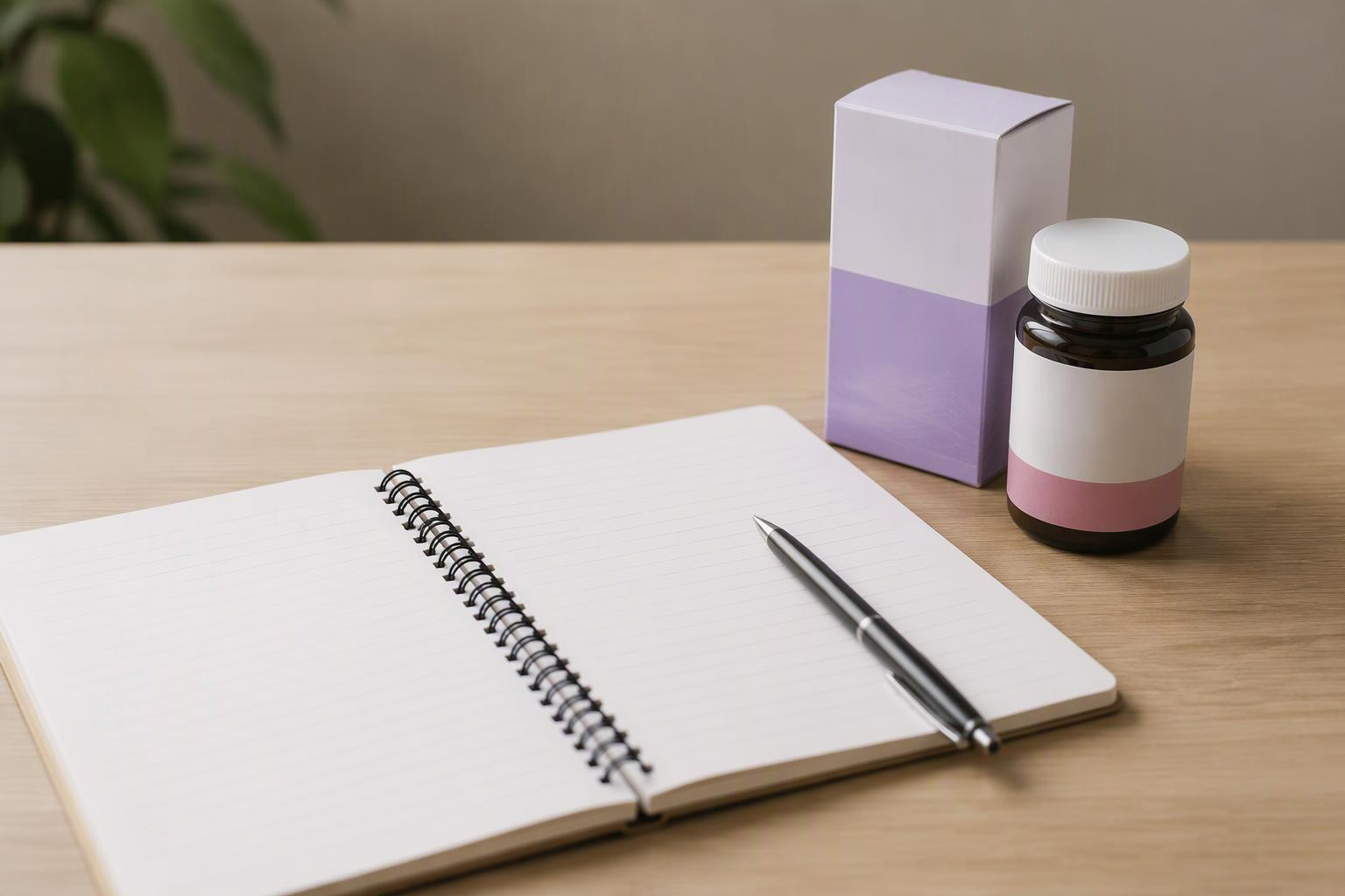 Caderno, caneta e embalagens genéricas organizados sobre uma mesa.