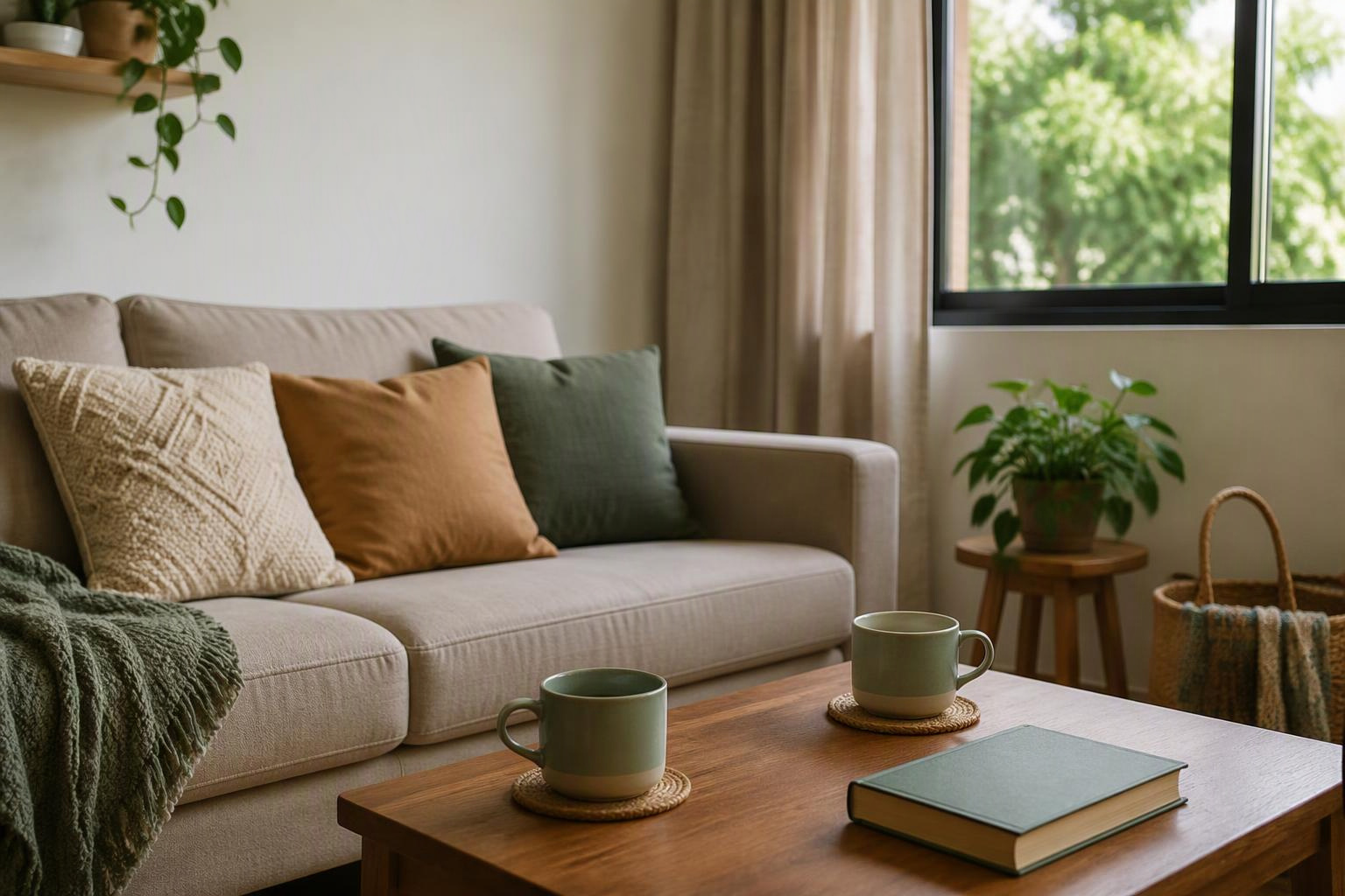 Sala de estar com sofá, livro e duas xícaras sobre uma mesa.