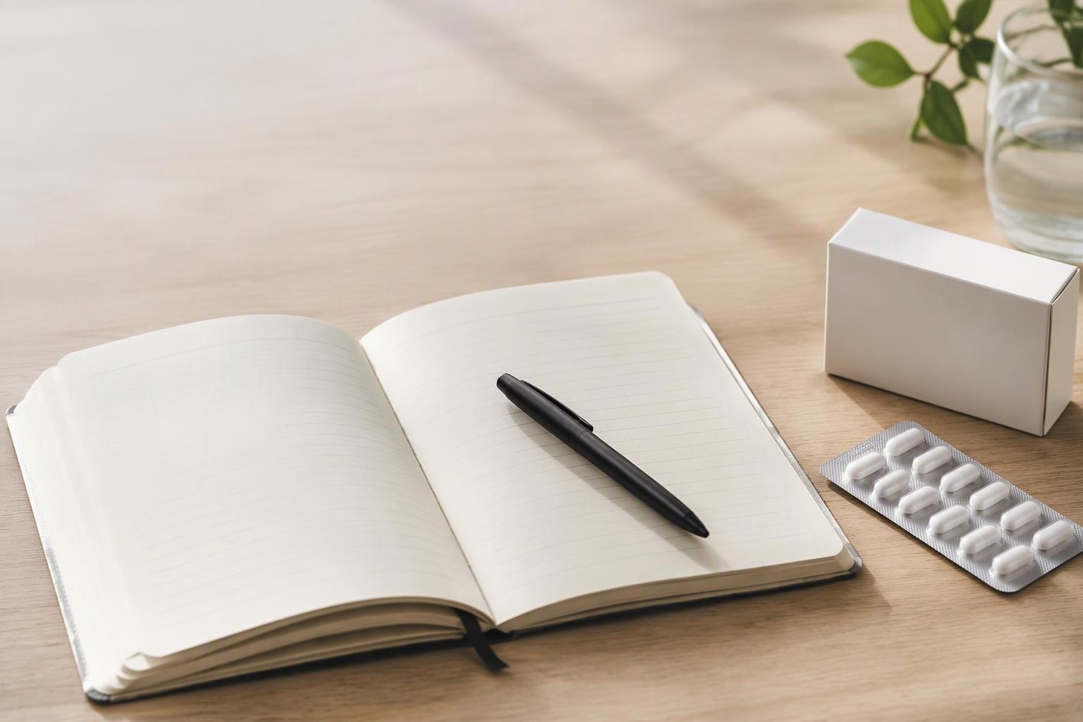 Caderno, caneta e embalagem neutra sobre uma mesa, representando a organização de um relato.